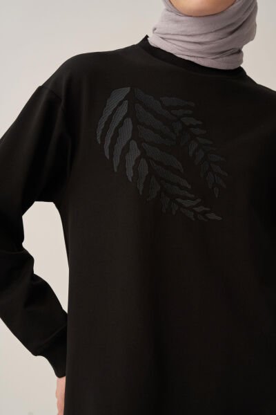Allday B50299A0 Siyah Kadın Pamuklu Nakışlı Uzun Tunik