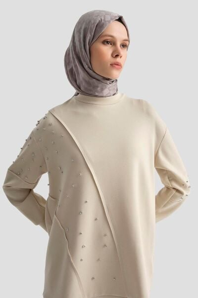 Armine 25YT637 Bej Kadın Taş  Detaylı Pantolonlu İkili Takım