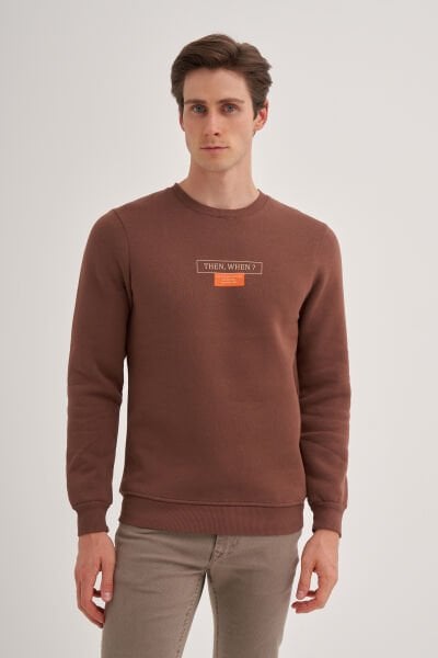 Cazador 24KCEEO05224 Kahverengi Erkek Bisiklet Yaka Önü Yazı Logolu  Sweat Tshirt