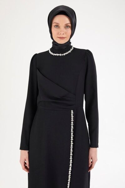 Armine 25YT912 siyah Kadın Boyundan ve Boydan Taş Detaylı Abiye Elbise