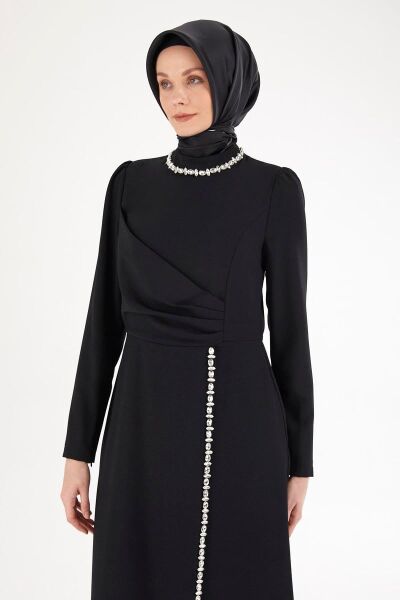 Armine 25YT912 siyah Kadın Boyundan ve Boydan Taş Detaylı Abiye Elbise