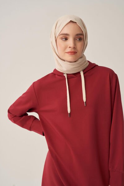 Allday B50083A0 Vişne Kadın Kapüşonlu Rahat Tunik