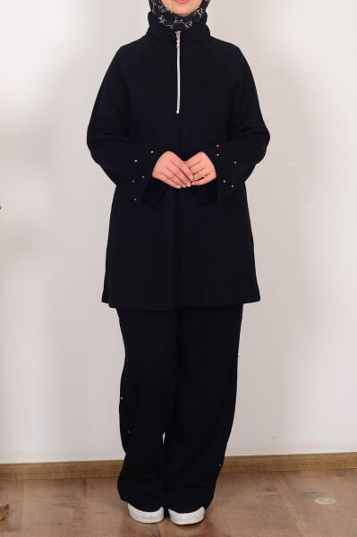 Allday B30106A0 Siyah Kadın Yumuşak Dokulu Taşlı Pantolonlu Takım