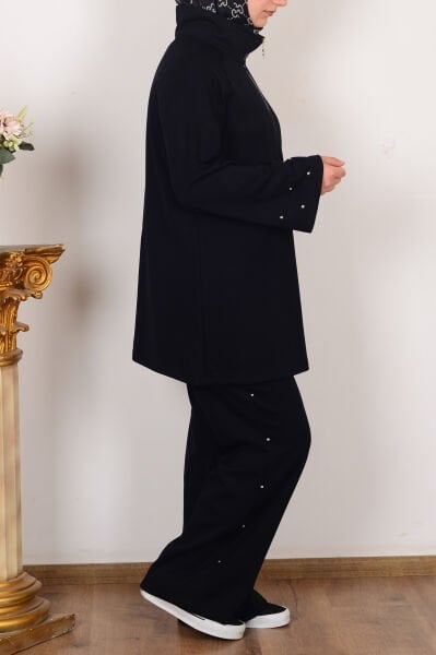 Allday B30106A0 Siyah Kadın Yumuşak Dokulu Taşlı Pantolonlu Takım