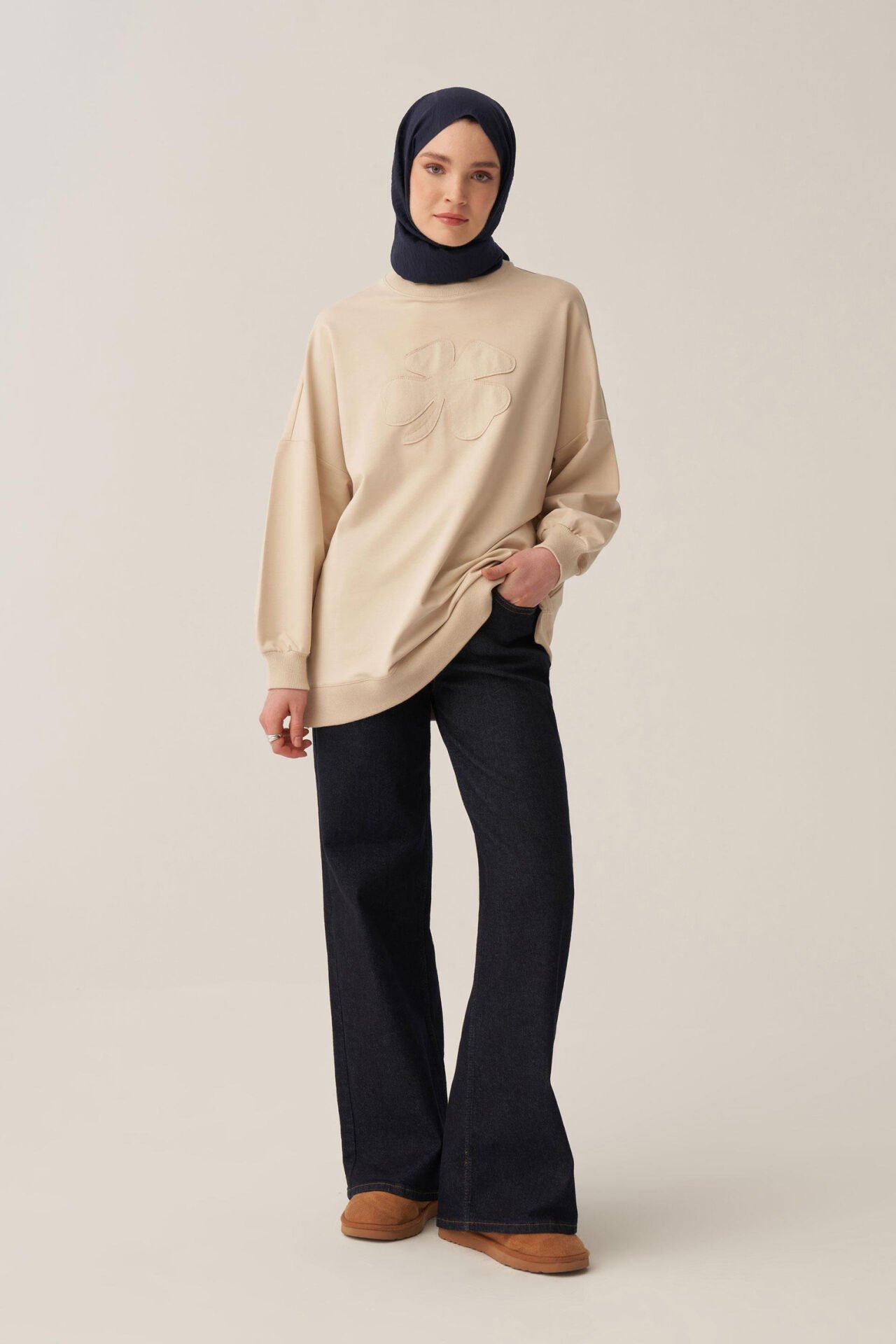 Allday B52316A0 Taş Kadın Pamuklu Aplikeli Sweatshirt