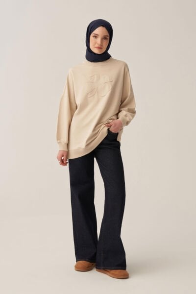 Allday B52316A0 Taş Kadın Pamuklu Aplikeli Sweatshirt