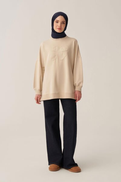 Allday B52316A0 Taş Kadın Pamuklu Aplikeli Sweatshirt