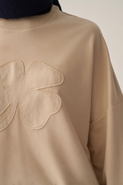 Allday B52316A0 Taş Kadın Pamuklu Aplikeli Sweatshirt