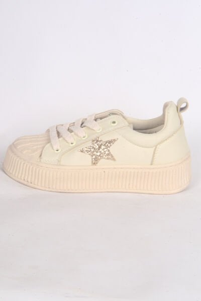 Kuum K1127100 Fashion Deri Yüksek Taban Rahat Ortepedik Bağcıklı Yandan Yıldız İşlemeli Bej Kadın Günük Ayakkabı