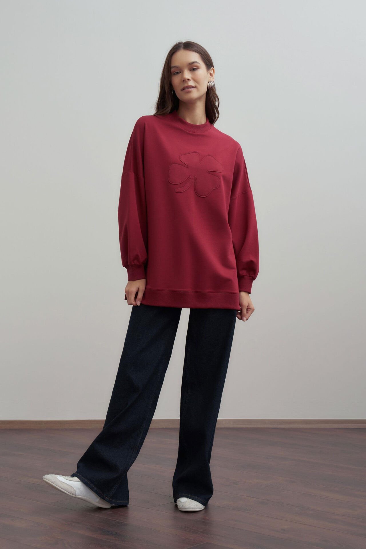 Allday B52316A0 Bordo Kadın Pamuklu Aplikeli Sweatshirt