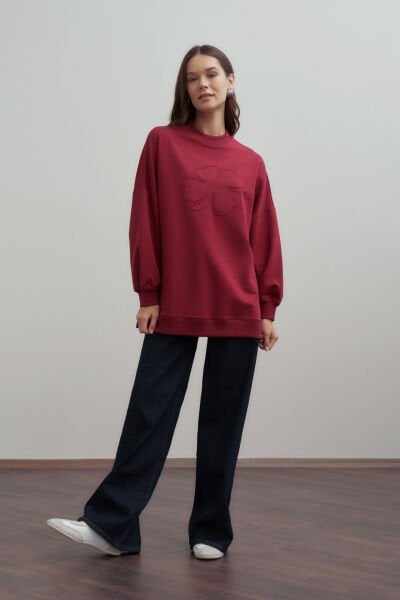 Allday B52316A0 Bordo Kadın Pamuklu Aplikeli Sweatshirt