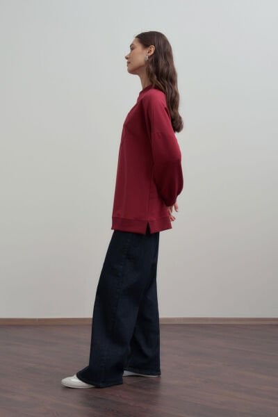 Allday B52316A0 Bordo Kadın Pamuklu Aplikeli Sweatshirt