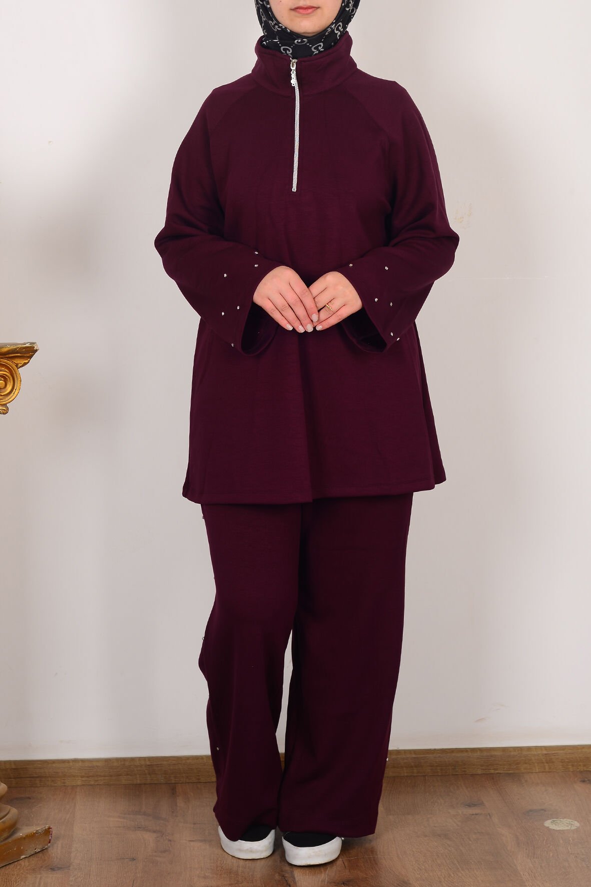 Allday B30106A0 Bordo Kadın Yumuşak Dokulu Taşlı Pantolonlu Takım