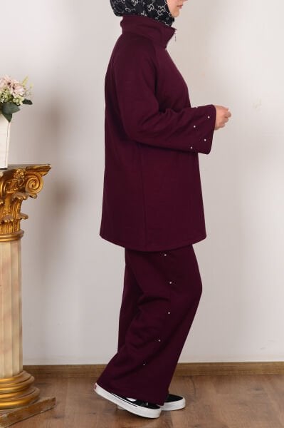 Allday B30106A0 Bordo Kadın Yumuşak Dokulu Taşlı Pantolonlu Takım
