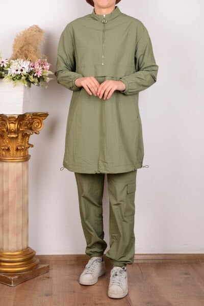 Armine 24YT617 Yeşil Kadın Paraşüt Kumaşlı Belden Lastikli Yarı Fermuarlı Pantolonlu Takım