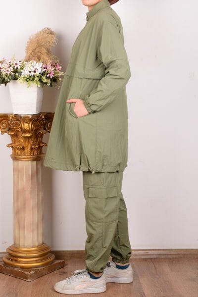 Armine 24YT617 Yeşil Kadın Paraşüt Kumaşlı Belden Lastikli Yarı Fermuarlı Pantolonlu Takım