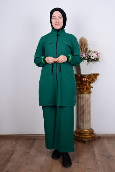 Armine 23KT639 Yeşil Kadın Fermuarlu Kolları Lastikli Önden Cep Detaylı %100 Polyester Takım