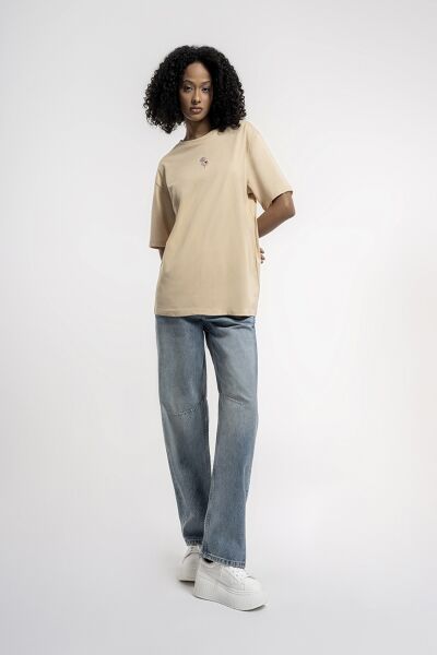 Loft 2033155 Bej Kadın Loose Fit Bisiklet Yaka Gül Detaylı %100 Pamuk Tşört