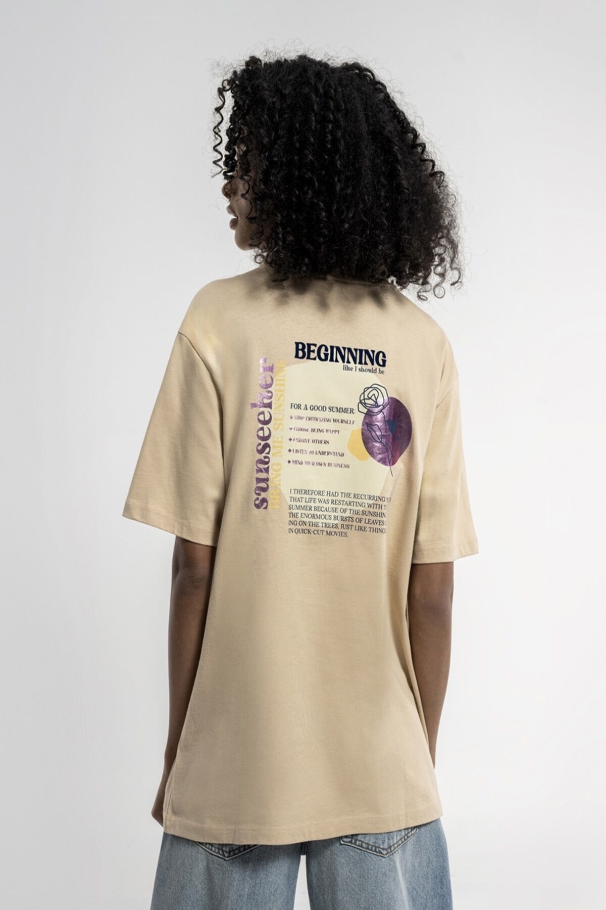 Loft 2033155 Bej Kadın Loose Fit Bisiklet Yaka Gül Detaylı %100 Pamuk Tşört