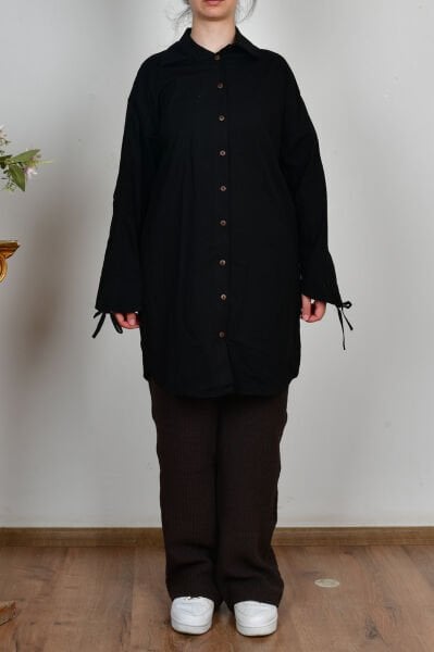 Allday X51330A0 Siyah Kadın Kolu Büzgülü Cepli Gömlek