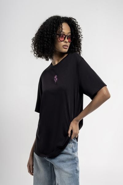Loft 2033155 Siyah Kadın Loose Fit Bisiklet Yaka Gül Detaylı %100 Pamuk Tşört