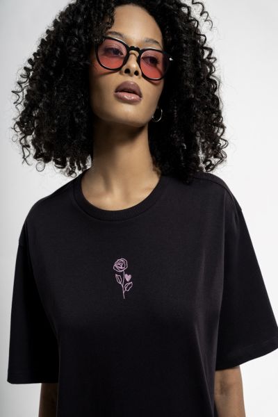 Loft 2033155 Siyah Kadın Loose Fit Bisiklet Yaka Gül Detaylı %100 Pamuk Tşört