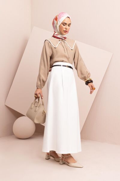 Allday B62076A0 Beyaz Kadın Beli Kemerli Çan Etek