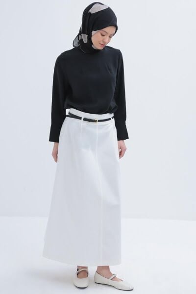 Allday B62076A0 Beyaz Kadın Beli Kemerli Çan Etek