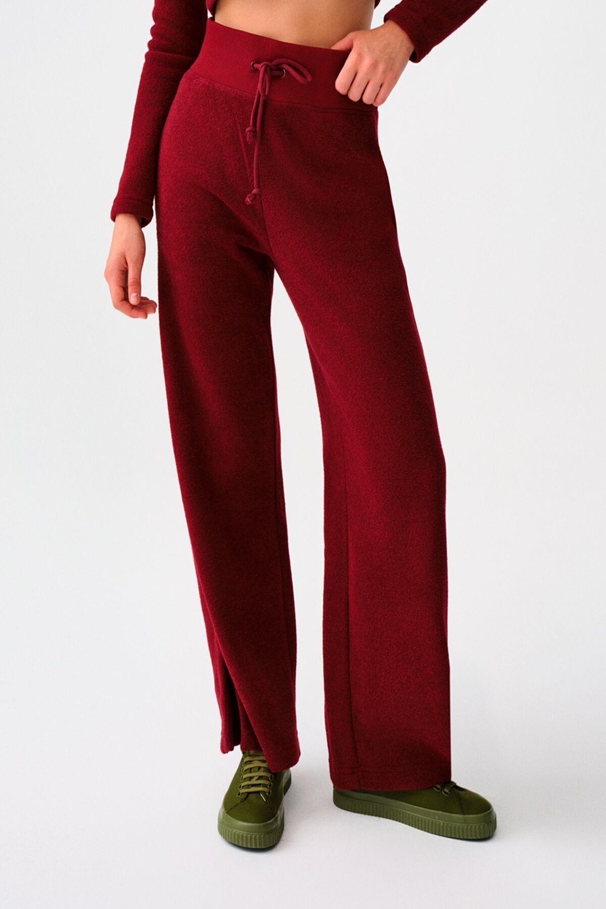 Loft 2038219 Bordo Kadın Belden Lastikli Ve ip Detaylı Geniş Paça Eşorfman Altı