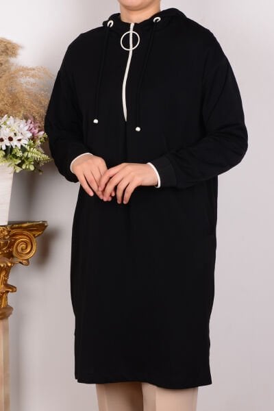 Armine 24YT461 Siyah Kadın Rahat Kesim Kapüşonlu Yarı Fermuarlı Kolları Ribanlı Krep Kumaş Tunik