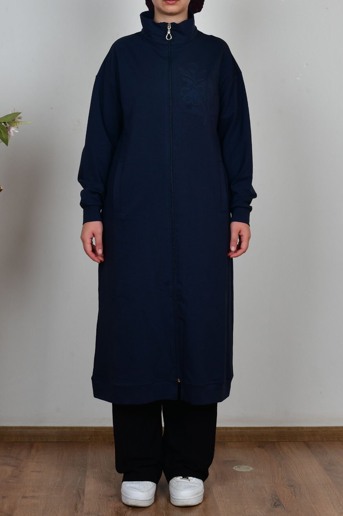 Allday B931600A0 Lacivert Kadın Pamuklu Aplike Detaylı Fermuarlı Sweat