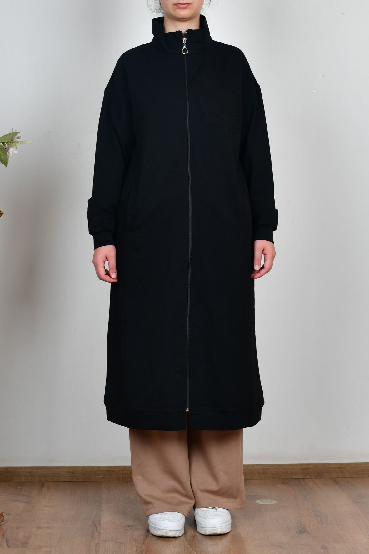 Allday B931600A0 Siyah Kadın Pamuklu Aplike Detaylı Fermuarlı Sweat