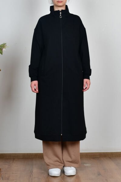 Allday B931600A0 Siyah Kadın Pamuklu Aplike Detaylı Fermuarlı Sweat