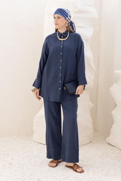 Allday S30088A0 İndigo Kadın Dikiş Detaylı Müslin Pantolonlu Takım