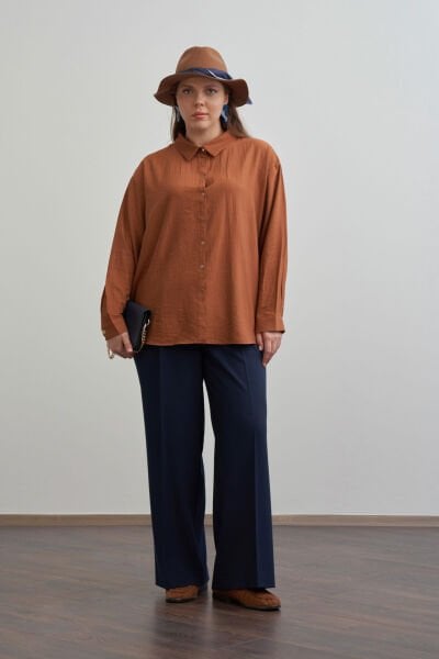 Allday 25DX51295AL9 Kahverengi Kadın Boydan Düğmeli Geniş Kesim Gömlek