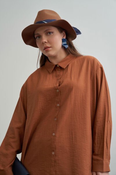 Allday 25DX51295AL9 Kahverengi Kadın Boydan Düğmeli Geniş Kesim Gömlek