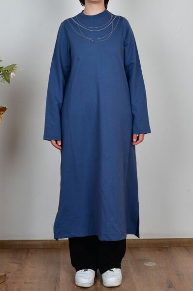 Allday B50308A0 Mavi Kadın Pamuklu Zincir İşlemeli Tunik