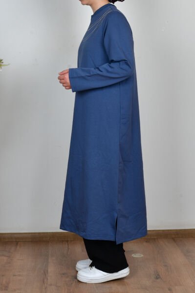 Allday B50308A0 Mavi Kadın Pamuklu Zincir İşlemeli Tunik