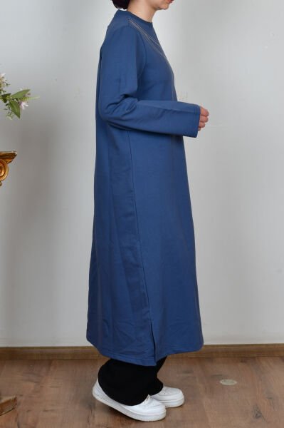 Allday B50308A0 Mavi Kadın Pamuklu Zincir İşlemeli Tunik