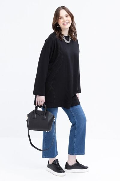 Allday S50257A9 Siyah Kadın Nakışlı Bisiklet Yaka Tunik