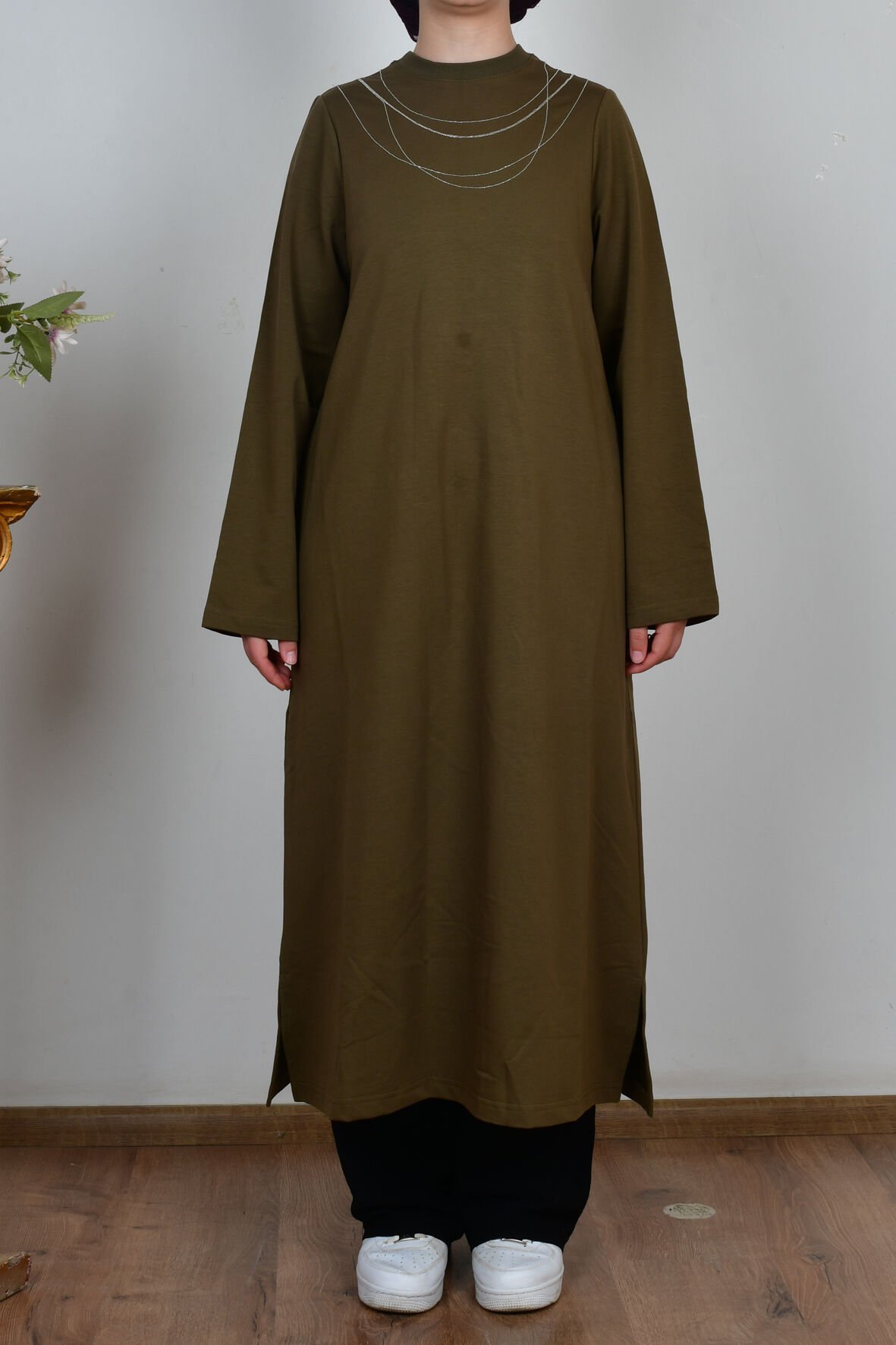 Allday B50308A0 Haki Kadın Pamuklu Zincir İşlemeli Tunik