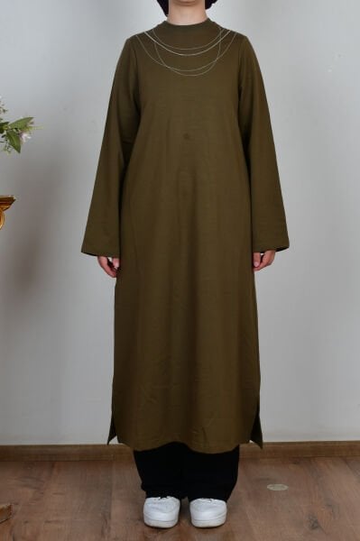 Allday B50308A0 Haki Kadın Pamuklu Zincir İşlemeli Tunik