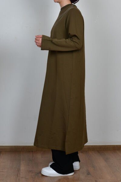 Allday B50308A0 Haki Kadın Pamuklu Zincir İşlemeli Tunik