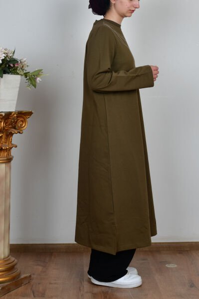 Allday B50308A0 Haki Kadın Pamuklu Zincir İşlemeli Tunik