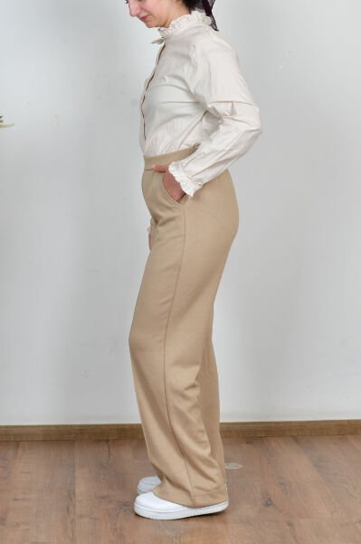 Allday B77135A0 Bej Kadın Beli Lastikli Yumuşak Dokulu Palazzo Pantolon