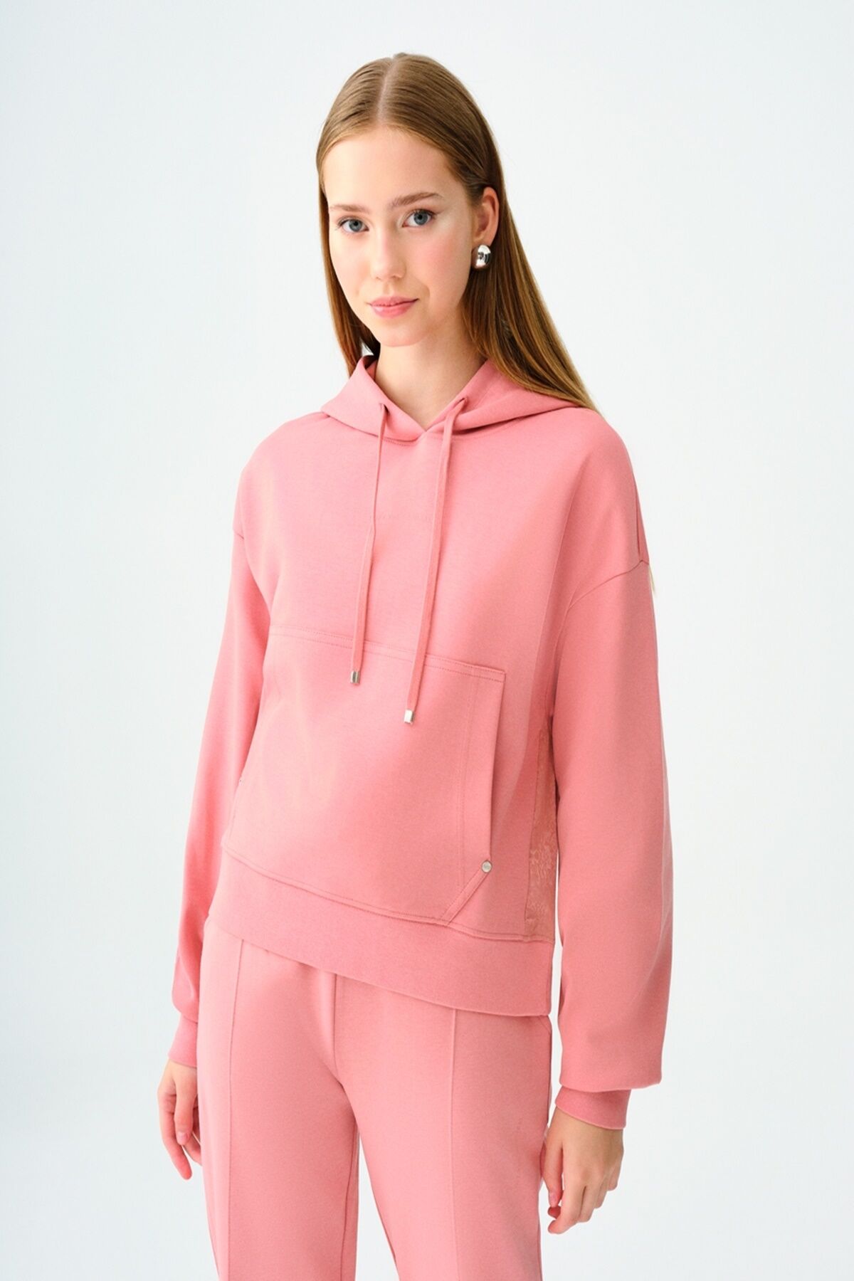 Loft 2038207 Gülpembe Kadın Kanguru Cepli Kapüşonlu İp Detaylı Sweat