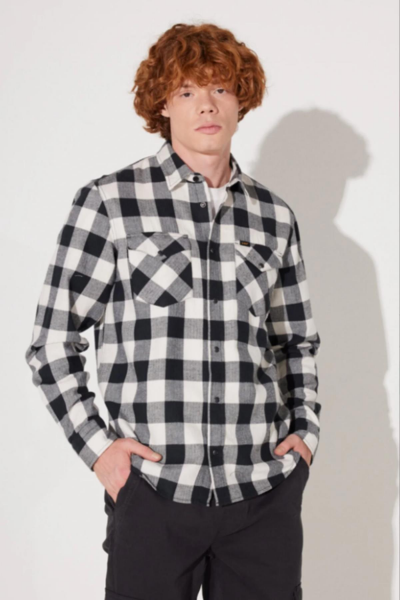 Lee L66RRRNQ Ekru-Siyah Kare Çizgili Çıtçıtlı Erkek Gömlek