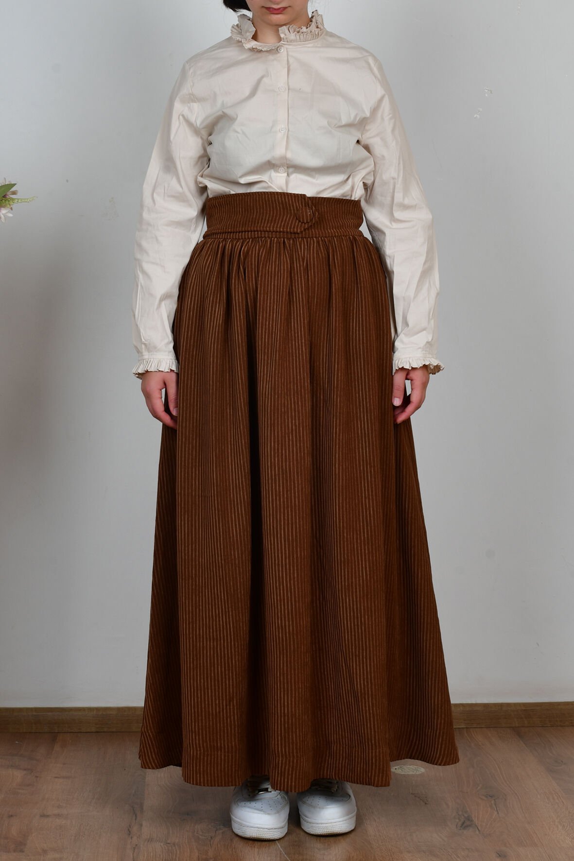 Allday W61011A0 Kahve Kadın Kloş Fitilli Kadife Etek