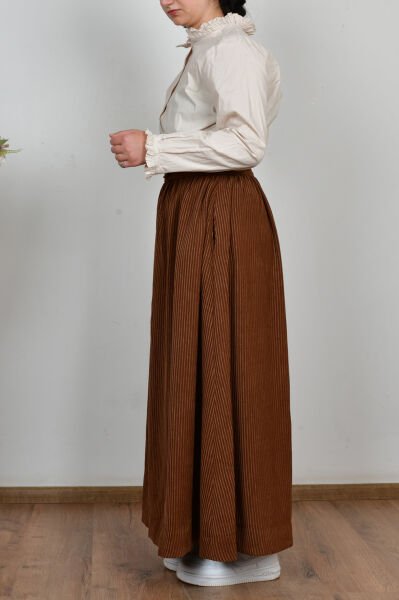 Allday W61011A0 Kahve Kadın Kloş Fitilli Kadife Etek