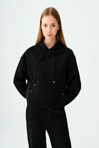 Loft 2038207 Siyah Kadın Kanguru Cepli Kapüşonlu İp Detaylı Sweat